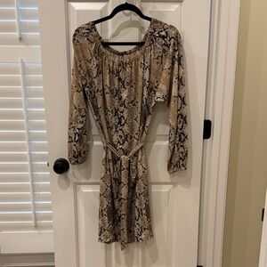 Michael Kors Beige and Black Snake-Print Long Sleeve Belted Dress